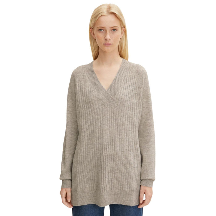 Tom Tailor Hosszított V-Nyakú Kötött Pulóver | Drapp